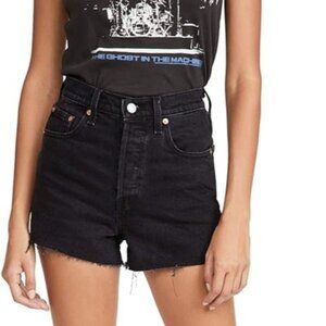 Levis Ribcage Button Fly Denim Jean Shorts Cutoffs Frayed Hem High Rise Black